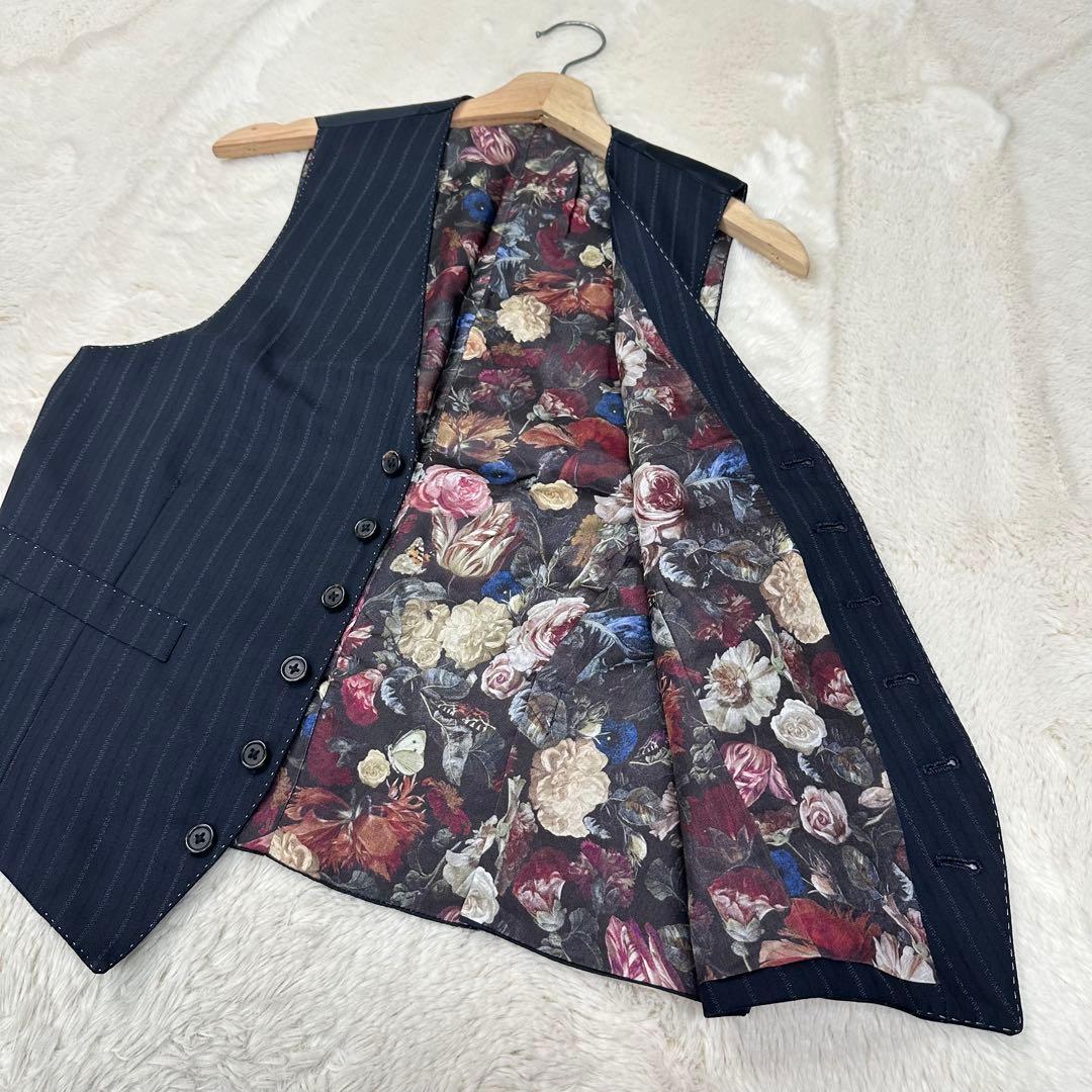 美品✨ポールスミスロンドン 花柄 裏地 シルク混 ストライプベスト ジレ 紺 M