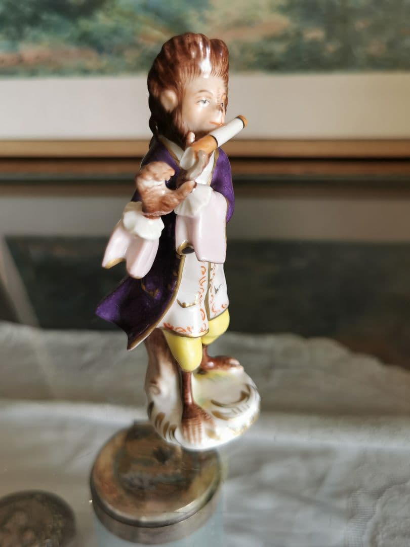 アンティークドイツ 楽隊フィギュリン 笛を吹く正装したモンキー 猿のオーケストラ