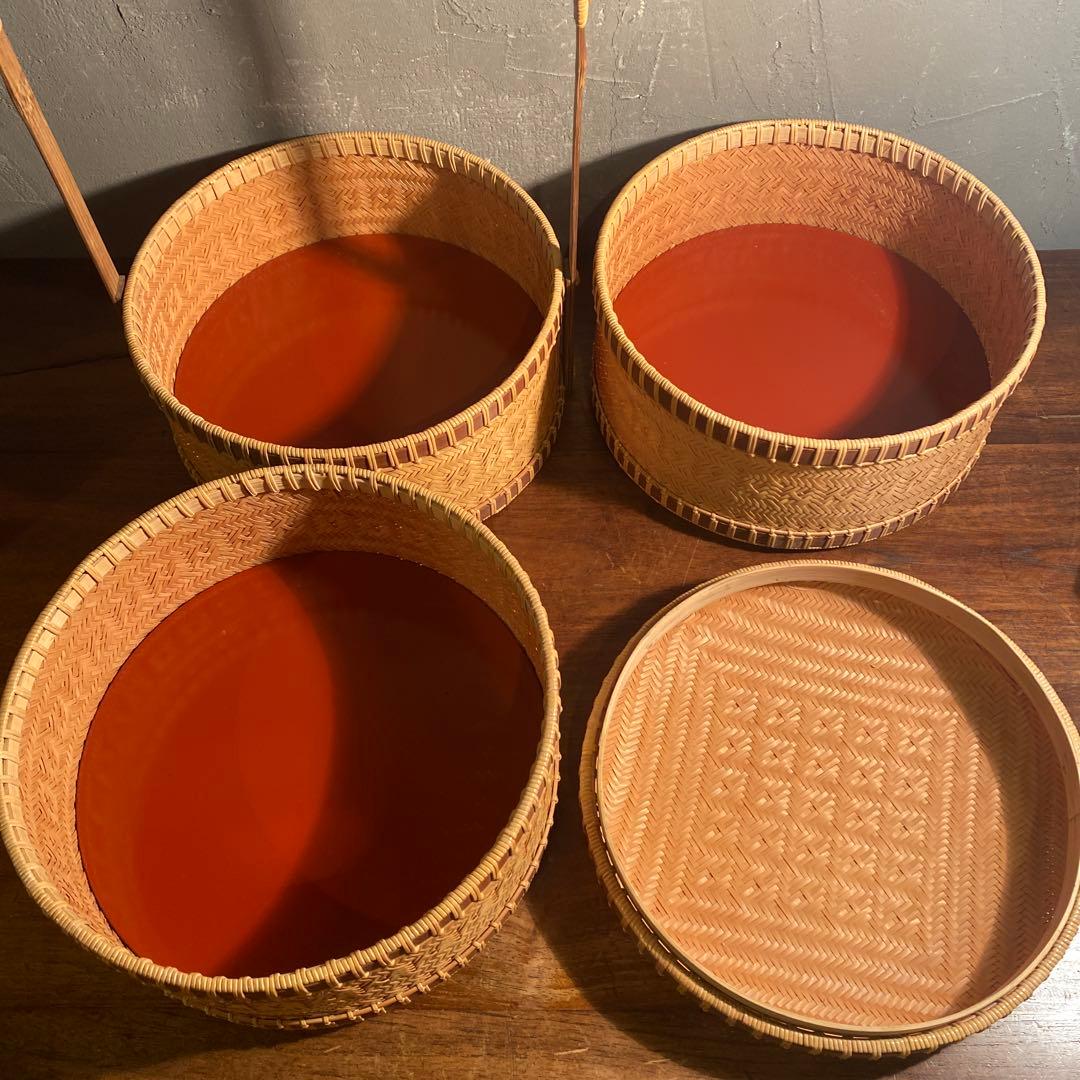 時代物 竹製 三段弁当箱 ランチボックス 手編み 美品 稀少 ピクニック
