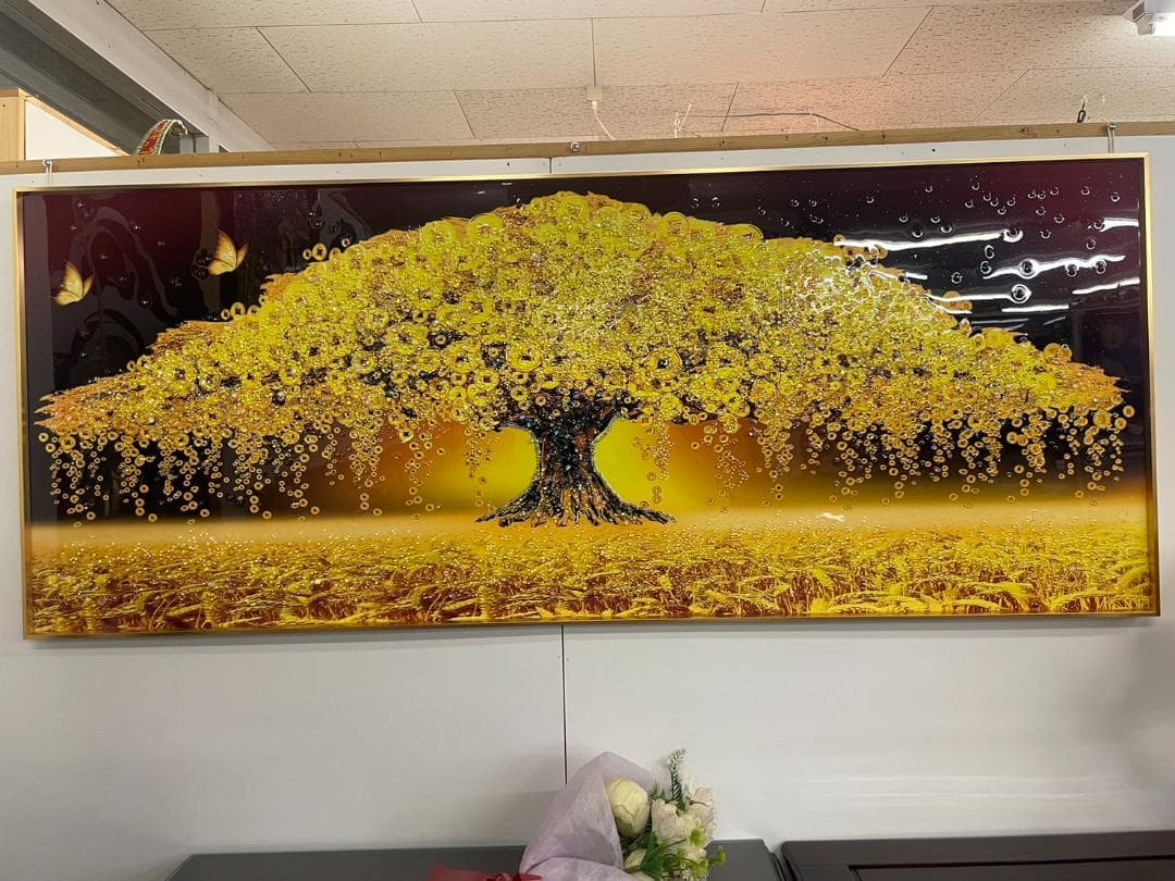 水晶絵　アートパネル　金の生る木　金運　クリスタル　立体　絵画　アート　ゴールド