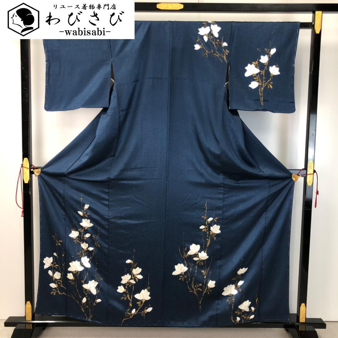 付下げ 白い花模様 絞り 手描き 伯林青色 しつけ糸 K-5046