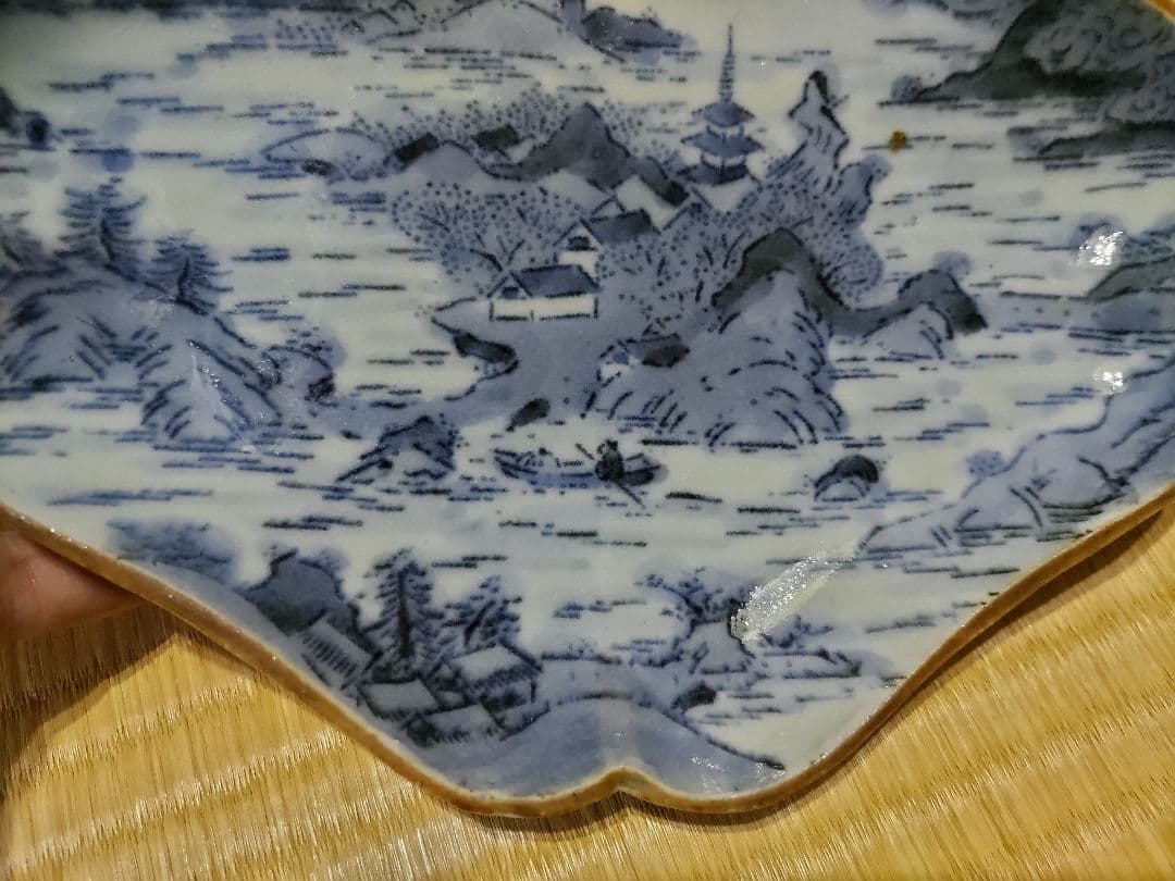 古伊万里　型紙摺　印判　入隅　菱形　皿（21×17cm）二重角福　藍柿