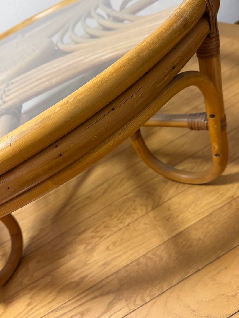 昭和レトロ ヴィンテージ ラタンラウンドテーブル 籐家具 ガラス天板