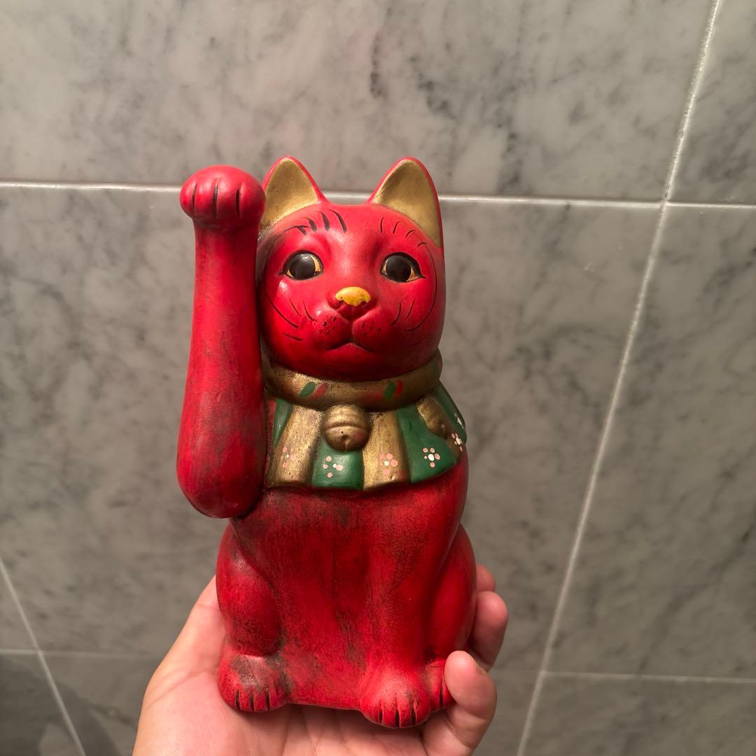 ヴィンテージ手書きの大きな瞳や長いヒゲか素敵な健康とお金を呼び込む招き猫