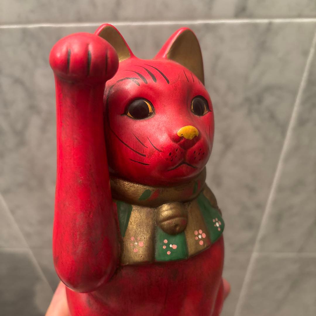 ヴィンテージ手書きの大きな瞳や長いヒゲか素敵な健康とお金を呼び込む招き猫