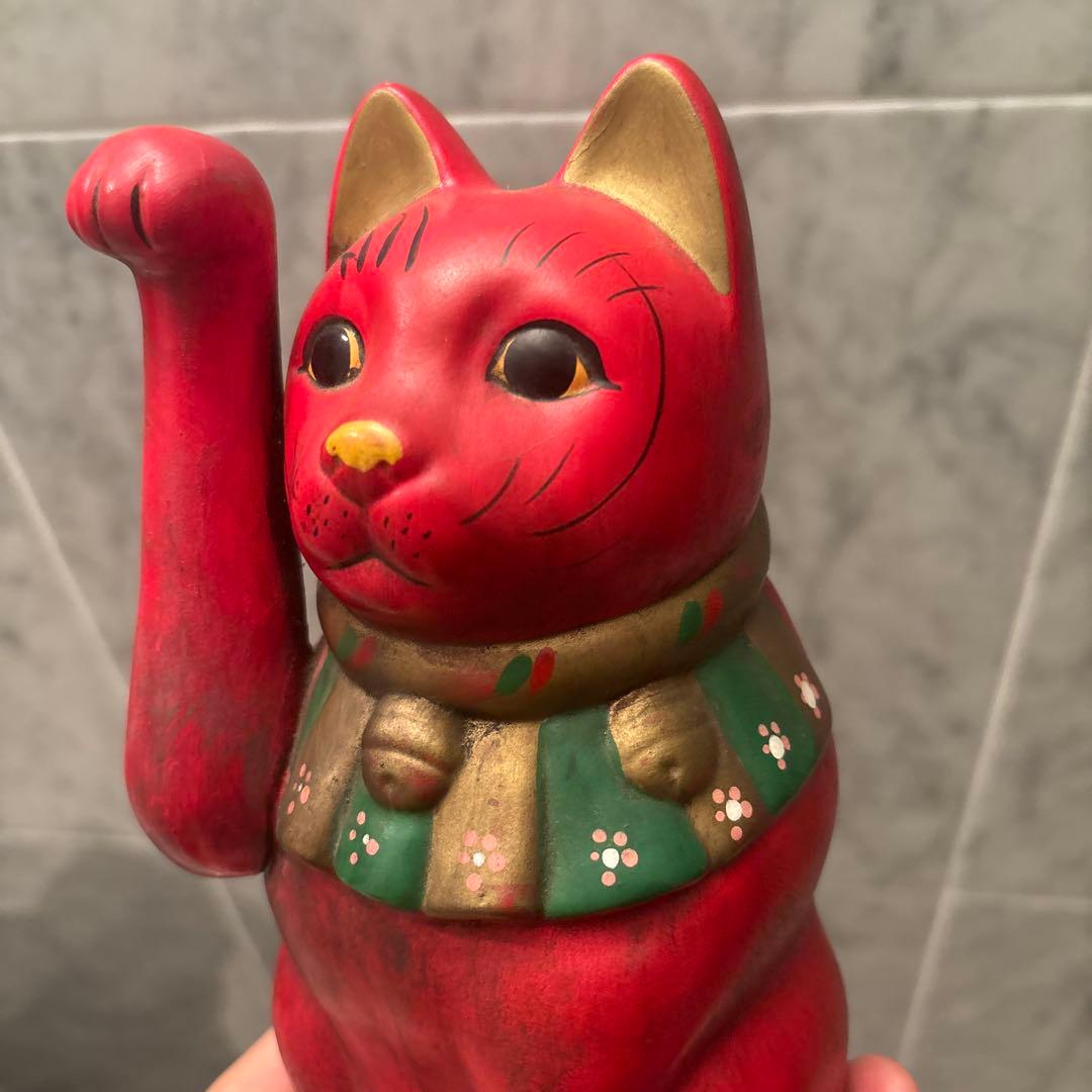 ヴィンテージ手書きの大きな瞳や長いヒゲか素敵な健康とお金を呼び込む招き猫