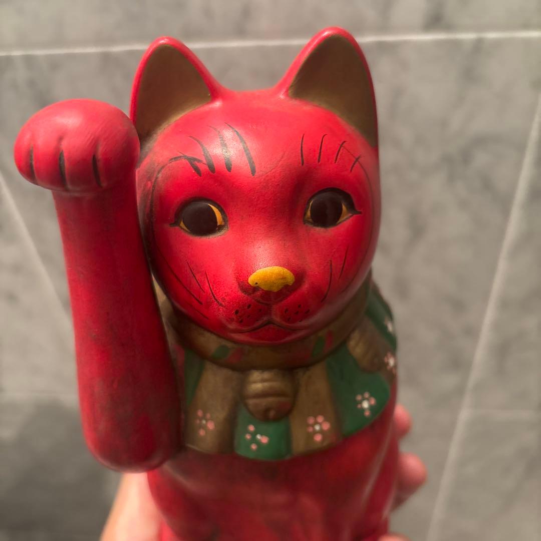 ヴィンテージ手書きの大きな瞳や長いヒゲか素敵な健康とお金を呼び込む招き猫