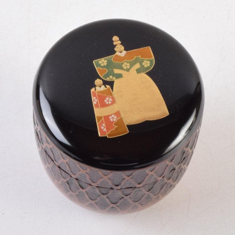 茶道具　加賀蒔絵師　和田寿峰作　立雛蒔絵　甲黒網目中棗　共箱　V　8993