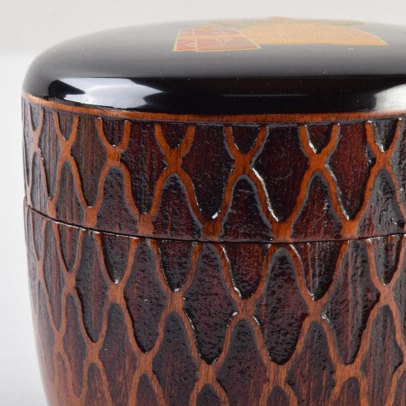 茶道具　加賀蒔絵師　和田寿峰作　立雛蒔絵　甲黒網目中棗　共箱　V　8993