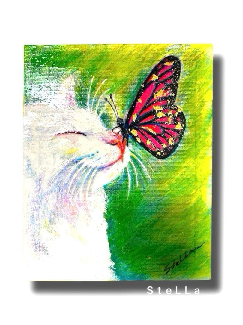 猫の絵　子猫　動物の絵　絵画　蝶　金箔　ゴールド　壁掛け