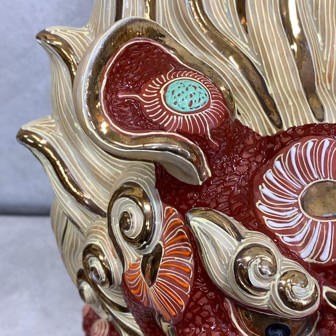 特大！高さ約56cm! 九谷焼 玉乗り 獅子 赤 金 オブジェ 縁起 厄払い