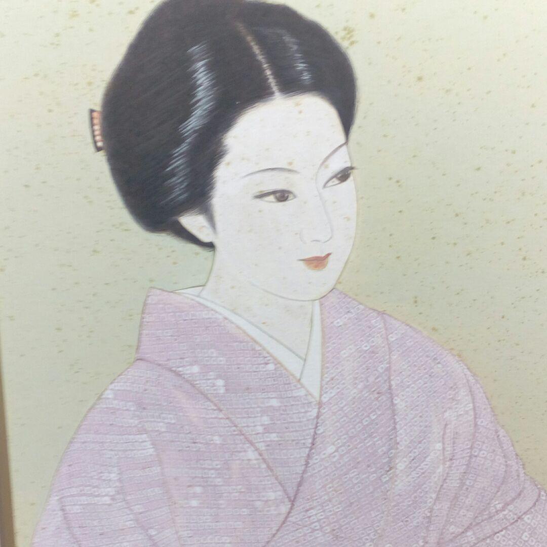 大型９０✕７８センチ手描き額装日本美人画旧家蔵出し作者不詳ヴィンテージ絵画当時物