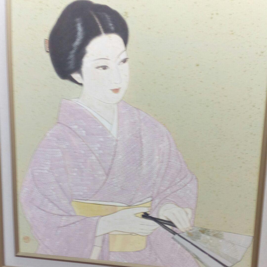 大型９０✕７８センチ手描き額装日本美人画旧家蔵出し作者不詳ヴィンテージ絵画当時物