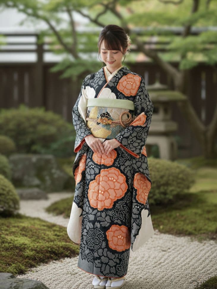 振袖フルセット　古典的な絞り　黒　朱　金駒刺繍　164/66.5