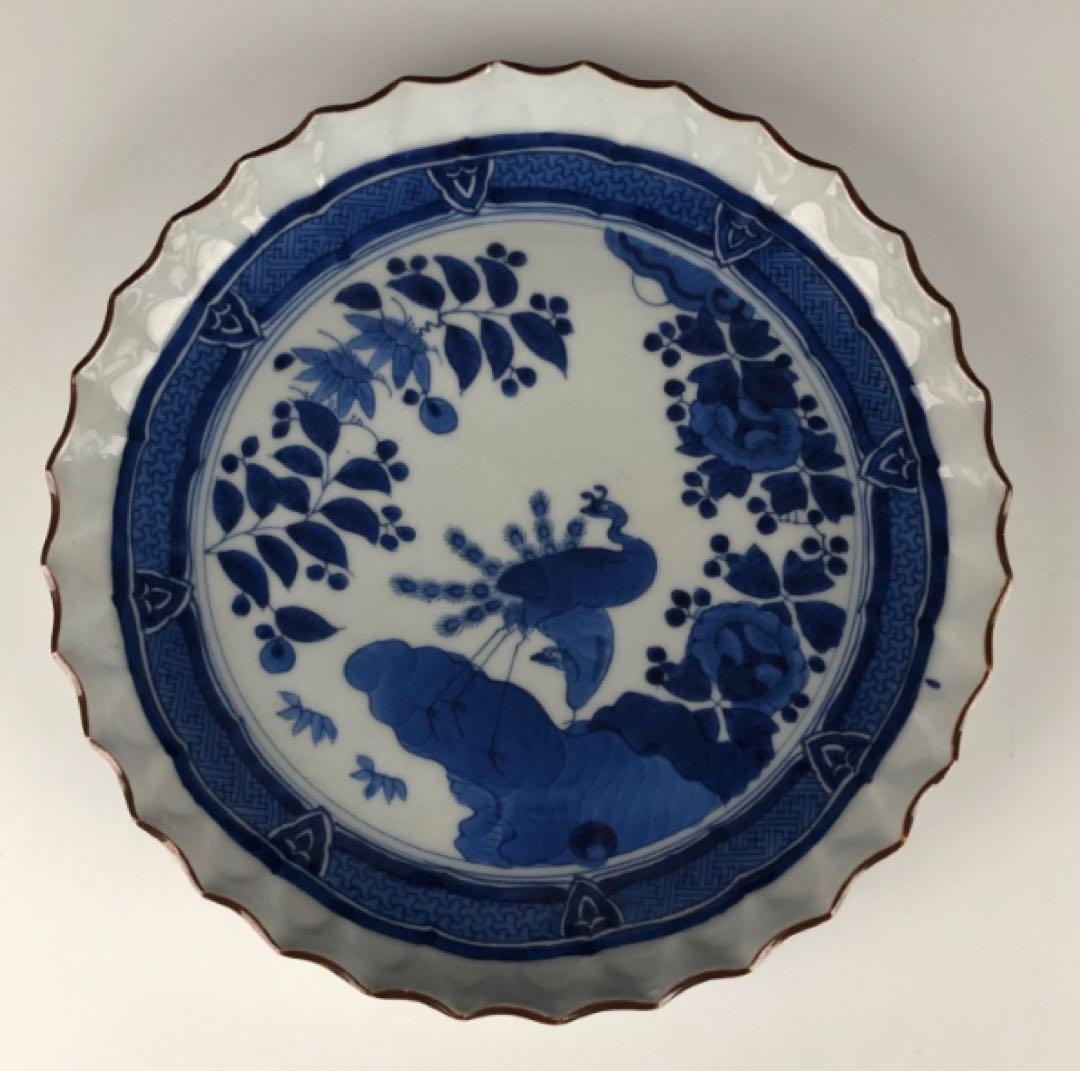 古伊万里 染付 江戸後期　孔雀文 捻花 七寸皿
