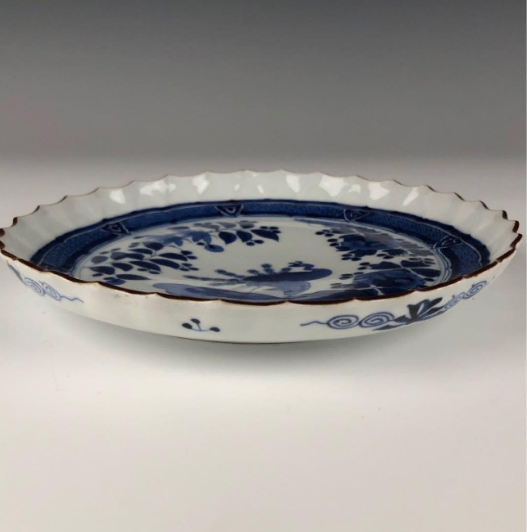 古伊万里 染付 江戸後期　孔雀文 捻花 七寸皿
