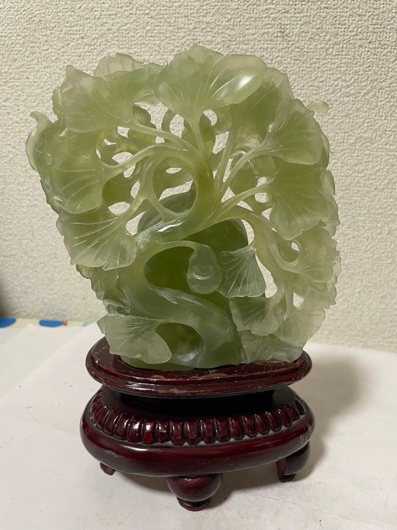 天然石　綠石彫刻瓢箪　置物彫刻 木製台座付き