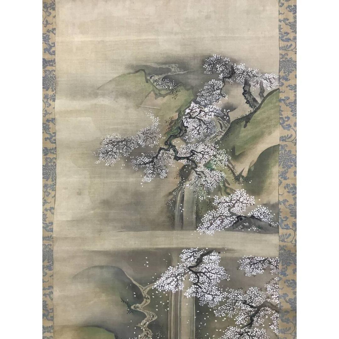 真作/狩野美信/春秋山水図/桜図/紅葉図/二幅対/掛軸☆宝船☆AK-308