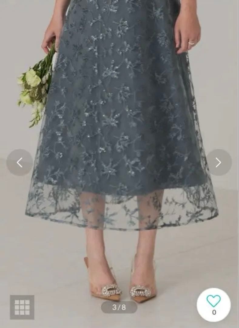 【Leja】花柄刺繍ミディ丈ドレスブルー