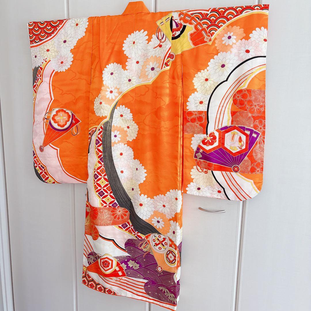 七五三　7歳　四つ身　子供着物　作り帯　女の子　長襦袢　フルセット　オレンジ