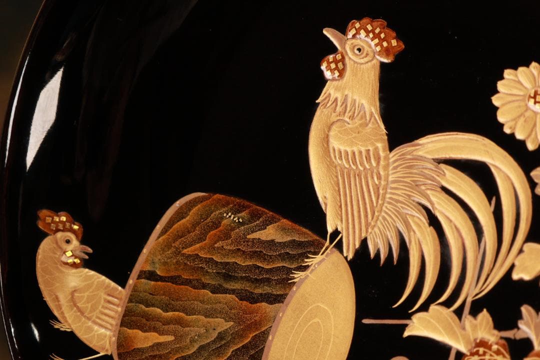 BJ132　時代輪島　加賀蒔絵　鶏図　吸物椀　二客　木製　茶道具 懐石 会席