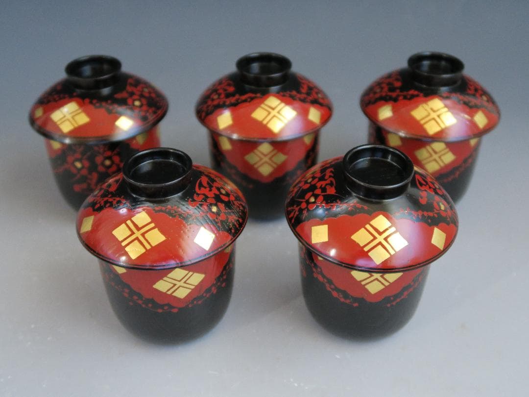 【輪島塗】小吸物椀 秀衡紋様 箸洗 濱田屋謹製 天然木 五客揃 共箱