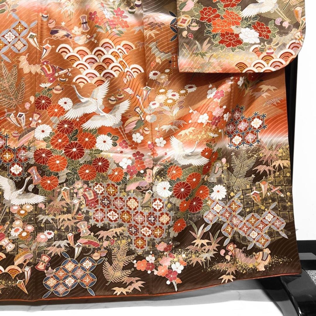 金駒刺繍　金彩　菊花　鶴伝統和模様　振袖　成人式 晴れの日 着物 022a p