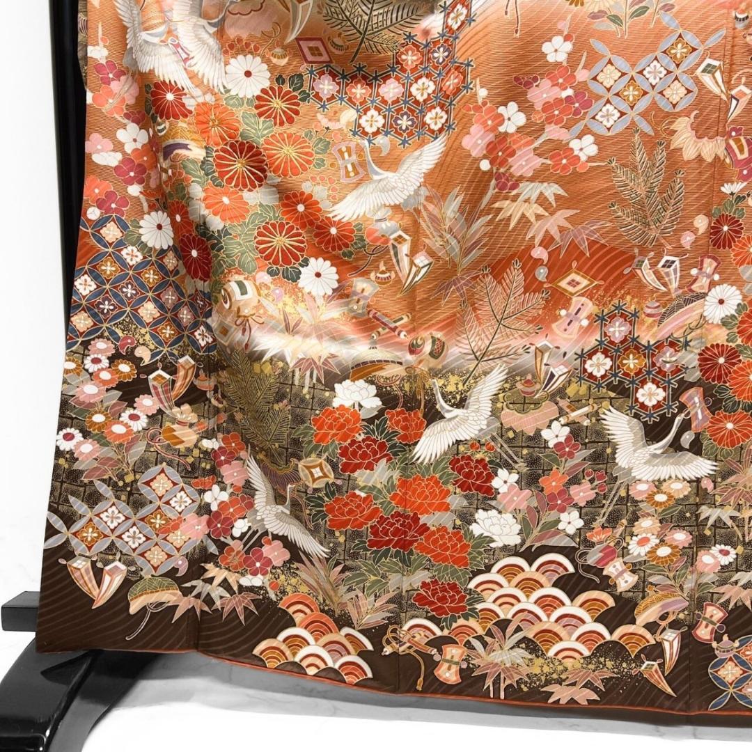 金駒刺繍　金彩　菊花　鶴伝統和模様　振袖　成人式 晴れの日 着物 022a p