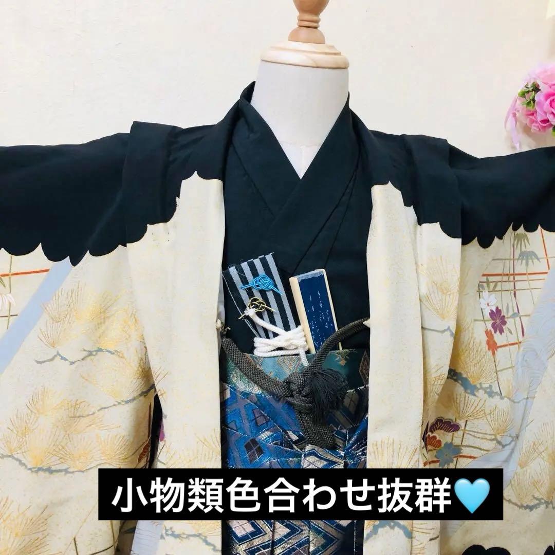 七五三 五歳‼️黒地にクリーム系 鷹 金箔金彩‼️完全フルセット‼️家から揃え無し