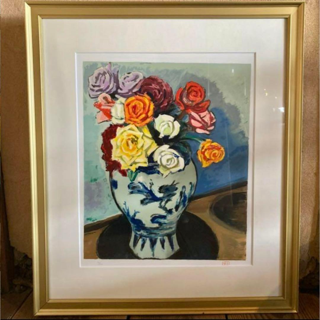 小山敬三　リトグラフ　花　薔薇　92/200 額付き 22.01.23-1