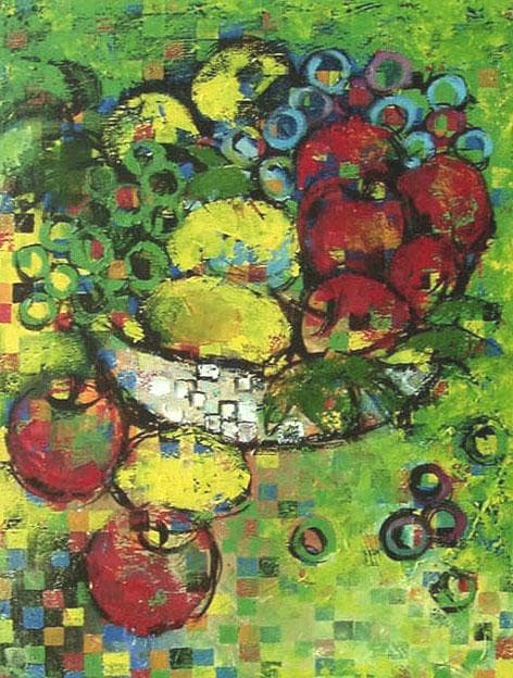 油絵 菅家令子 絵 絵画インテリア額付(青緑＋金色の枠)uF6-060103果物