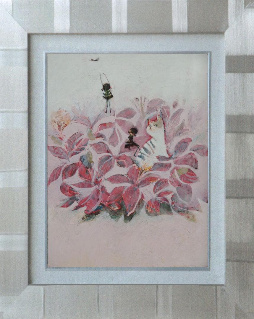 油絵菅家令子絵 絵画インテリア額付(青緑＋金色の枠)uF6-070519猫女の子