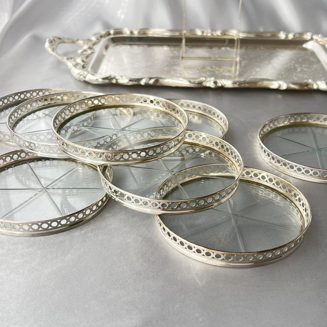 【Webster】ワイングラスコースター 8枚【純銀 / ガラス】 ホルダー