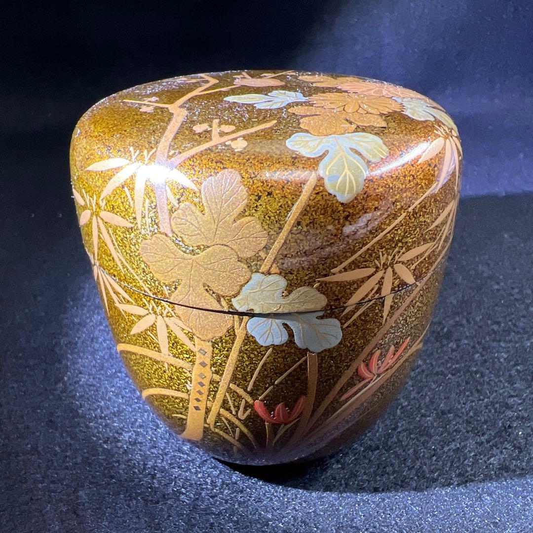 輪島塗　山下春甫造　梨地四君子蒔絵中棗　共箱　高さ約7㎝　東Y8-0106☆2F