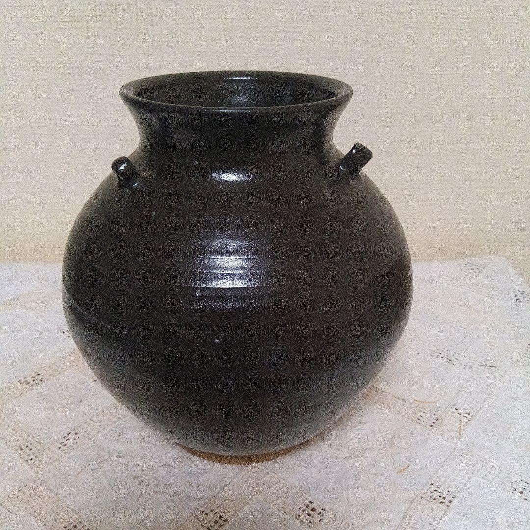 壺　富士五湖焼　五湖窯　黒釉　大型　木箱入り　栞り付き