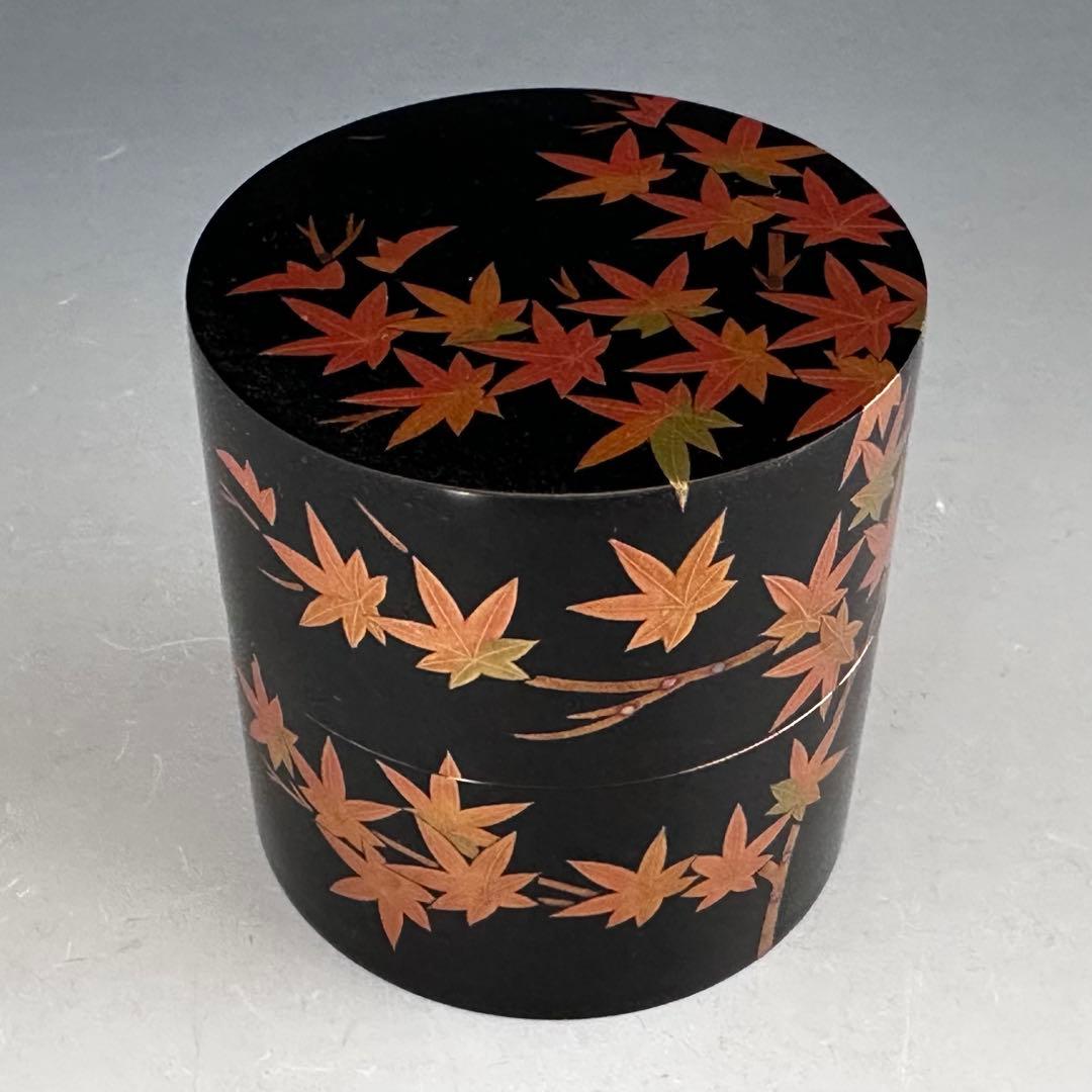茶道具　紅葉蒔絵　中次　茶器　竹内幸斎　共箱　山中塗　漆器　漆芸　秋　もみじ　棗