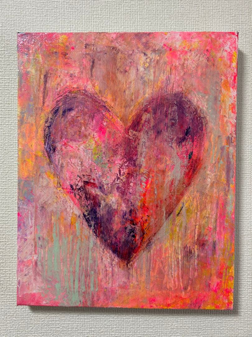 ハートの絵、絵画、原画、インテリア、現代アート、LOVE、幸せを呼ぶアート
