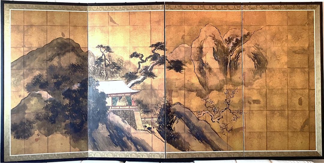 四つ折り屏風　日本画　金箔彩色　『雪見楼閣』