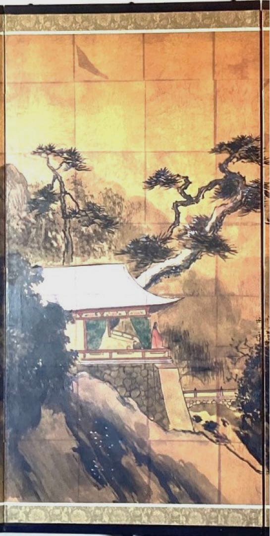 四つ折り屏風　日本画　金箔彩色　『雪見楼閣』