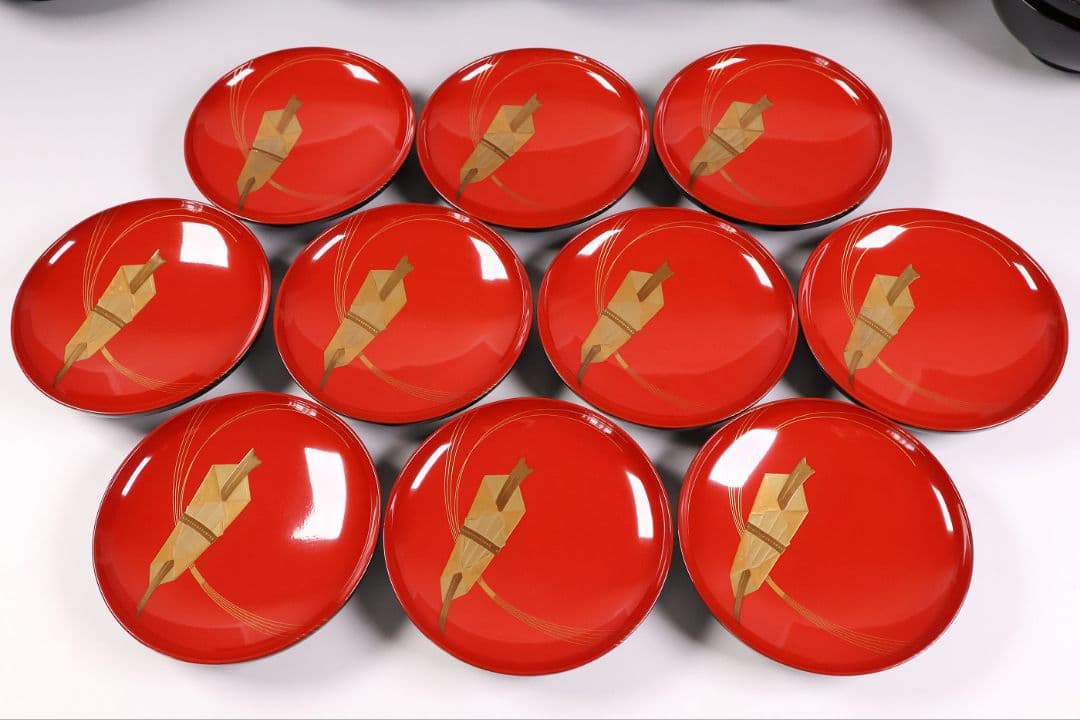 【MB179】金沢塗師 久世双〇 熨斗と折り鶴 金蒔絵 吸物椀 十客 天然木漆塗