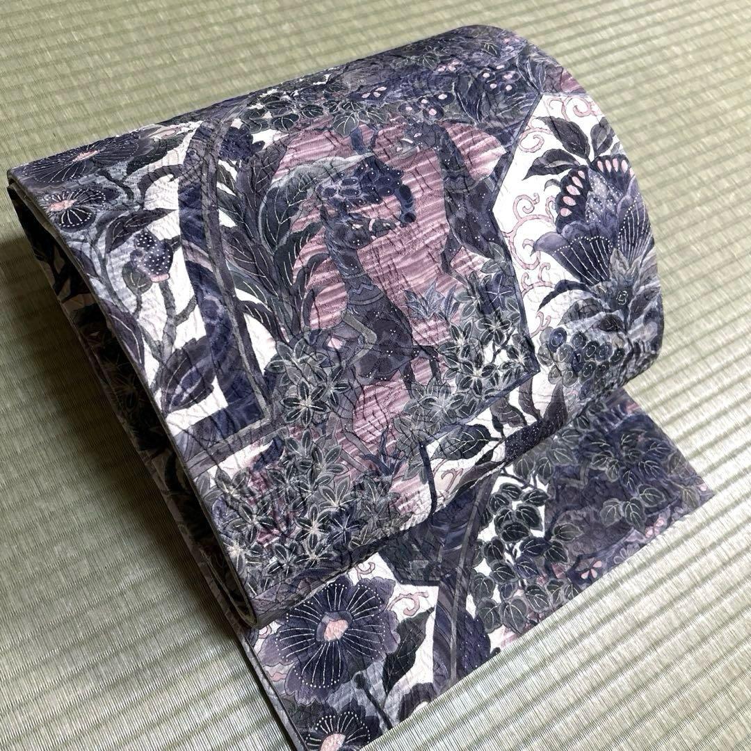 正絹　西陣織【渡文】全通袋帯《纐纈　花　鳥》