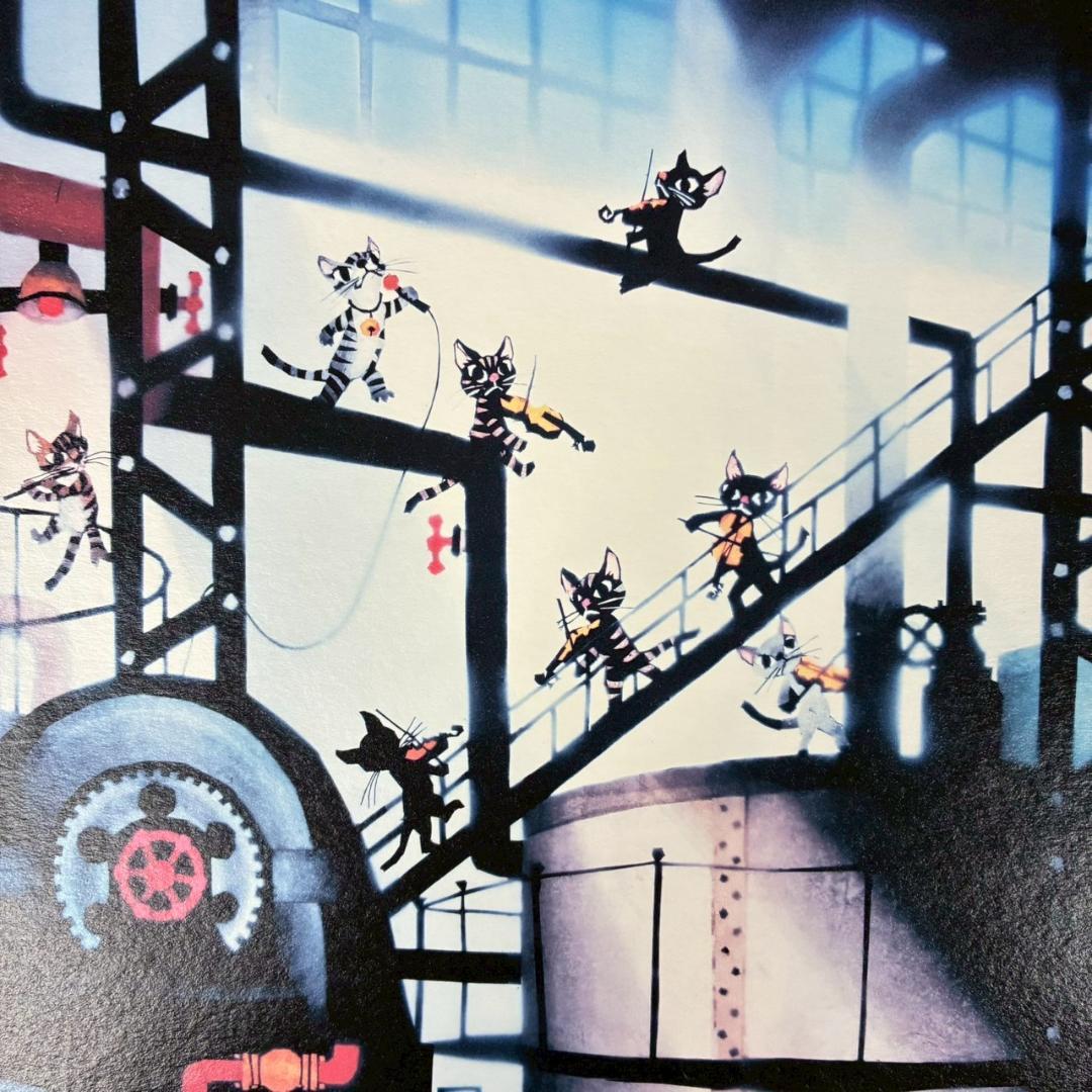 美品 藤城清治「真夜中の工場」ダイヤモンドスクリーニング 作品保証書有 猫 ネコ