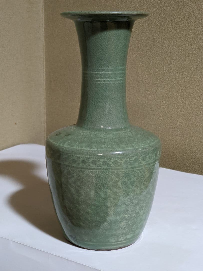 ジ*ン様 ♦韓国陶芸界 の至宝 人間文化財 柳海剛作 高麗青磁 盤口形 瓶 花瓶