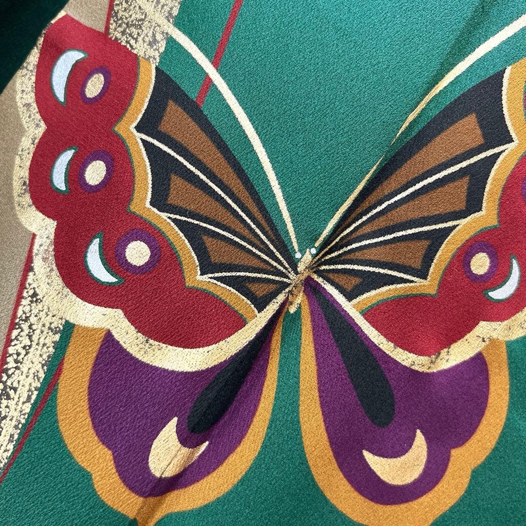 399 振袖フルセット 正絹 緑 グリーン 舞蝶 金彩 シンプル モダン ロング