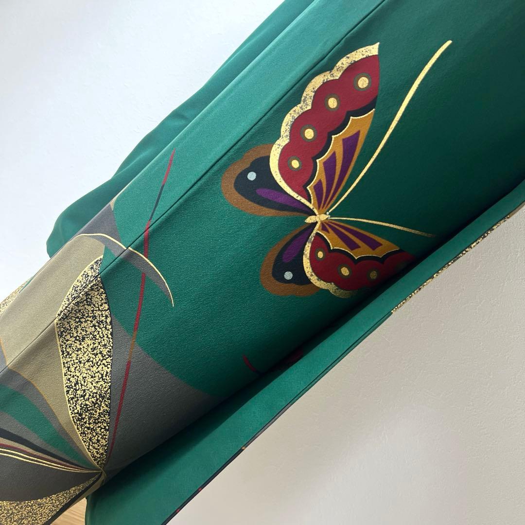 399 振袖フルセット 正絹 緑 グリーン 舞蝶 金彩 シンプル モダン ロング