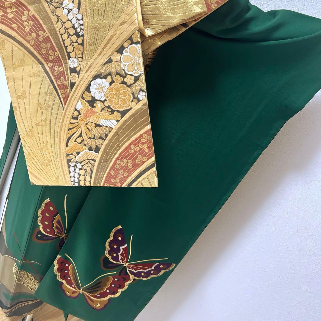 399 振袖フルセット 正絹 緑 グリーン 舞蝶 金彩 シンプル モダン ロング