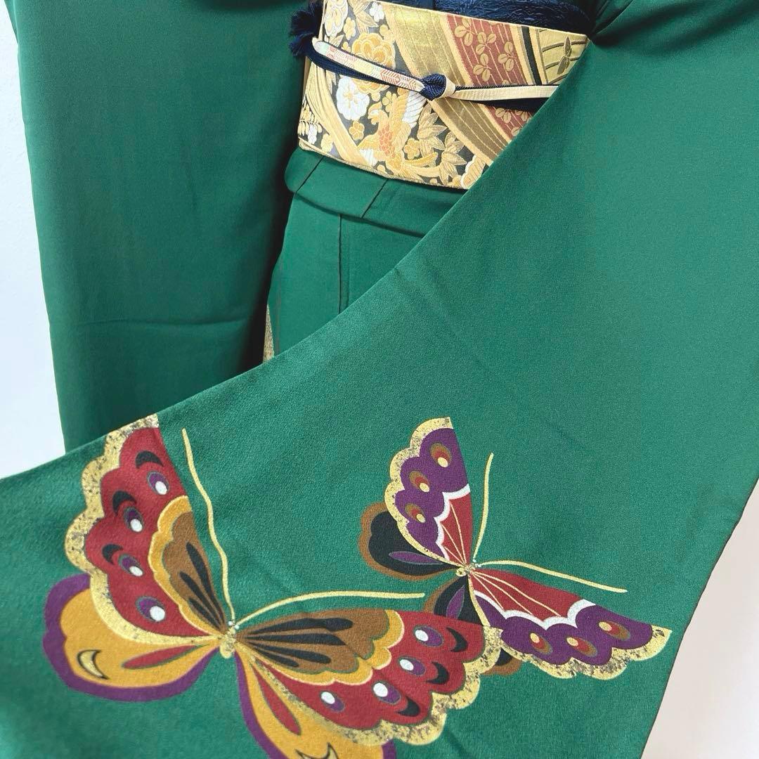 399 振袖フルセット 正絹 緑 グリーン 舞蝶 金彩 シンプル モダン ロング