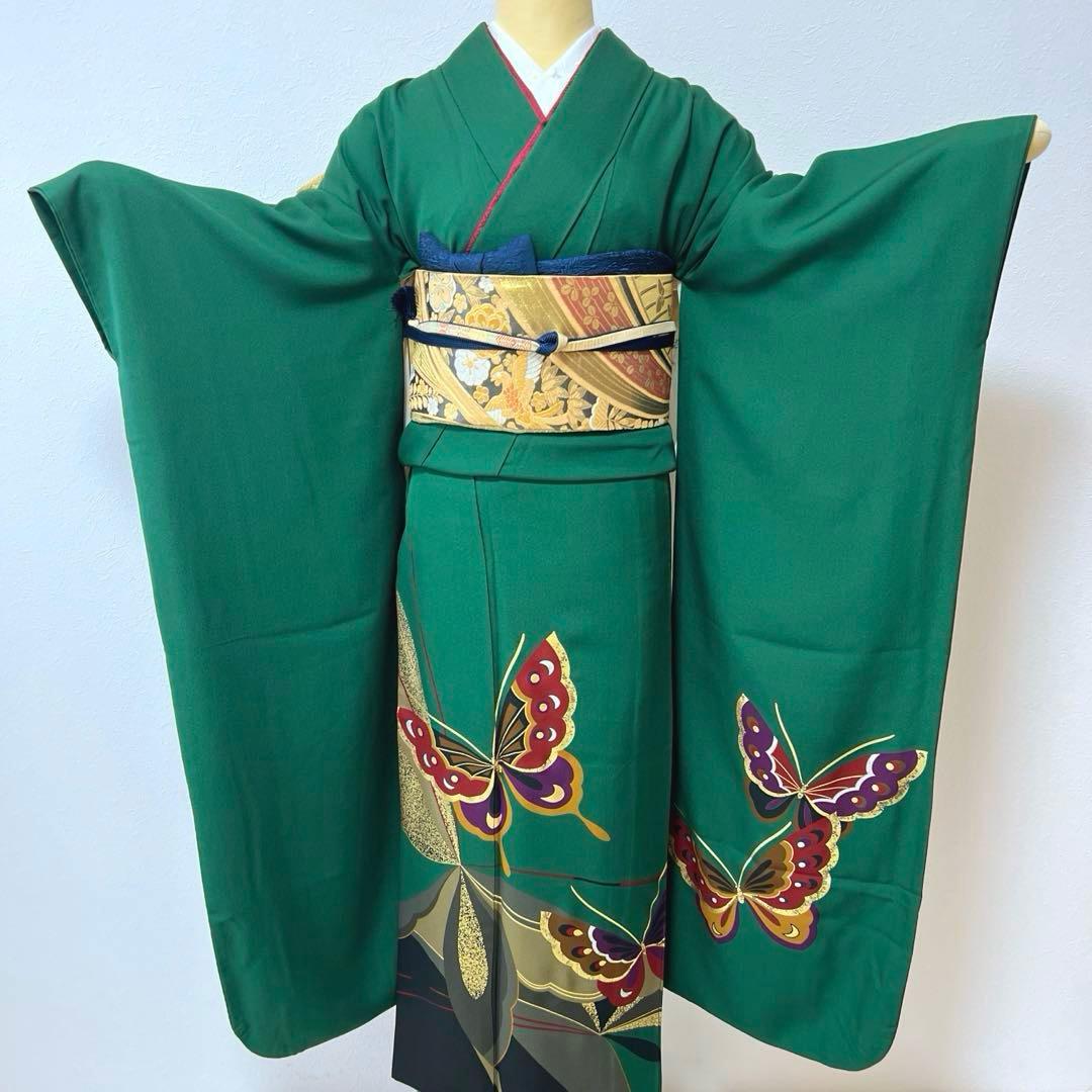 399 振袖フルセット 正絹 緑 グリーン 舞蝶 金彩 シンプル モダン ロング
