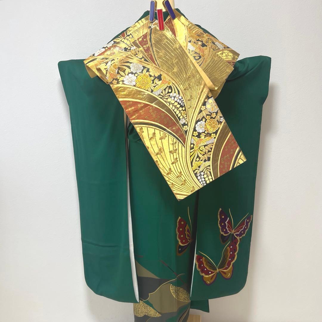 399 振袖フルセット 正絹 緑 グリーン 舞蝶 金彩 シンプル モダン ロング