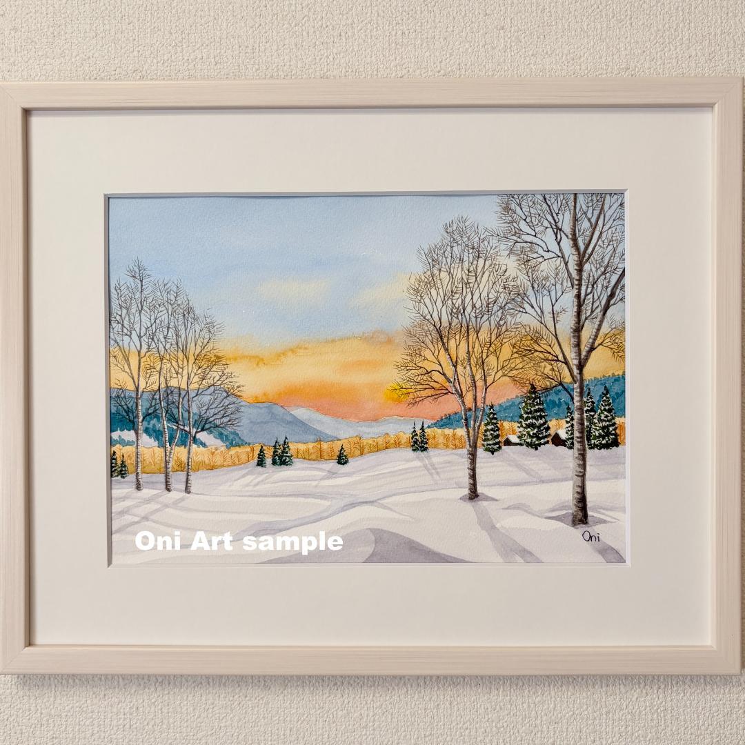 透明水彩画　原画　「雪原の朝焼け02」額縁付　風景画　F4サイズ